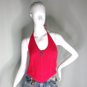 Christian Dior Hot Pink Knit Halter Top w/ "Dior" logo Embellishment Sz. Small